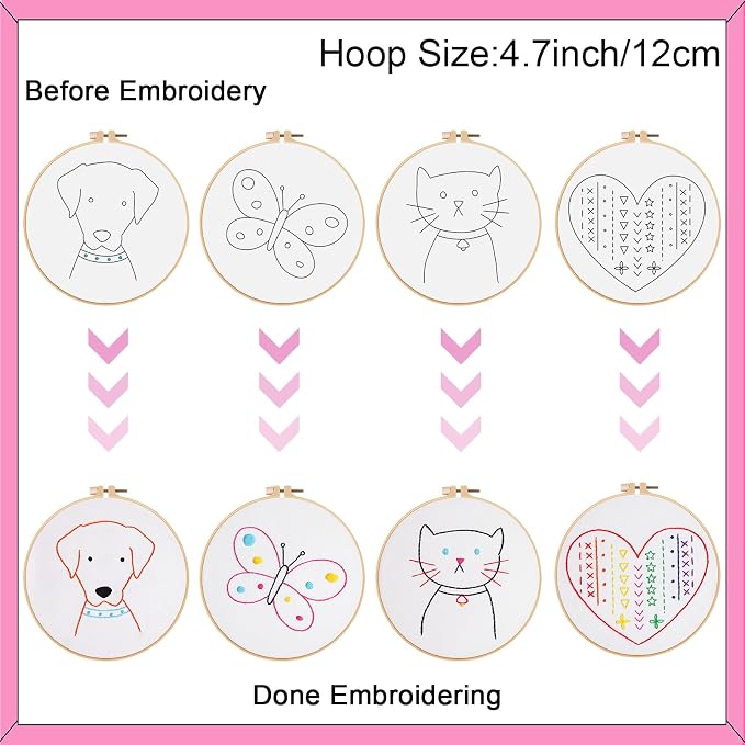 Louise Maelys 12 Pre-Stamped Embroidery Kits for Beginners, Kids Girls Cross Stitch Kit,DIY Needlepoint Craft Sewing Practice Supplies,Funny Cute Pattern,Perfect for Ages 8-12