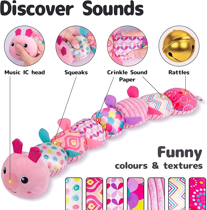 Sumobaby Infant Baby Musical Stuffed Animal Activity Soft Toys with Multi-Sensory Crinkle, Rattle and Textures, for Tummy Time Newborn 0-3-6-12 Months Girls, Caterpillar, Pink