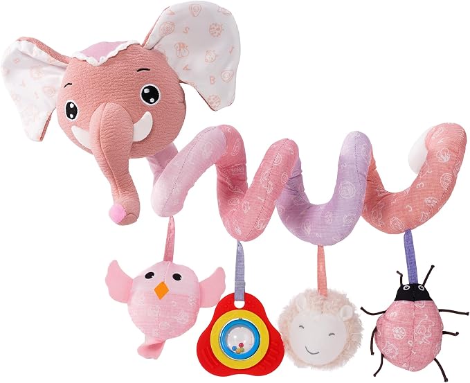 Jollybaby Crib Stroller Car Seat Toys for Baby 0-3-6-9-12 Months, Tummy Time Hanging Sensory Toys for Newborn with Music Box and Teether, Spiral Carseat Toy for Boys Girls Gifts (11-Sz Pink Elephant)