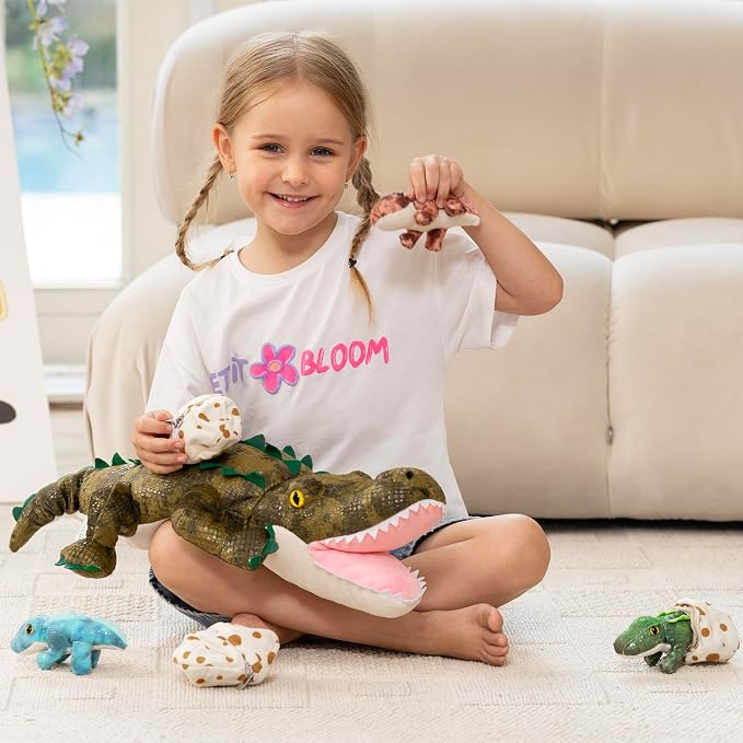 MorisMos Plush Alligator Stuffed Animal with Babies, 23.6'' Mommy Stuffed Alligator with 3 Baby Crocodile Animals & 3 Plush Eggs, Lifelike Crocodile Toys for Kid 3-5 Birthday Decor