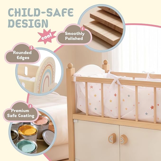 Freniland Wooden Doll Bed with Storage, Wheels & Bedding – Rolling Doll Crib with Built-in Storage for Toys, Pretend Play Doll Furniture for 18 Inch Dolls