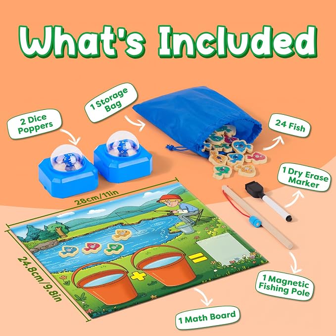 Magnetic Fishing Math Game for Kids 3-5, Montessori Counting Toy with Dice Poppers, Preschool Math Manipulatives Board Game, Addition and Subtraction Dice Game for Homeschool Classroom