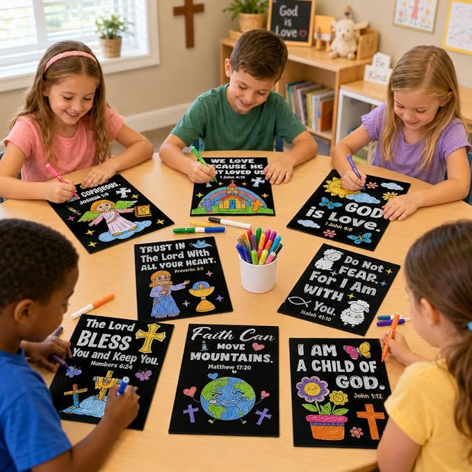 Cinrobiye 48 Pcs Velvet Coloring Posters Bible Fuzzy Posters to Color Bulk Felt Religious Inspirational Coloring Page Craft for Christian Party Favors Gift Prizes Sunday School Church Activities