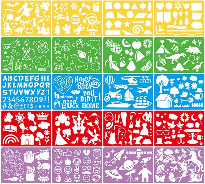 DIYASY 20 Pcs Drawing Stencils Set for Kids,Large Plastic Stencil Kit 300+ Patterns Drawing Templates for Girls & Boys Gift