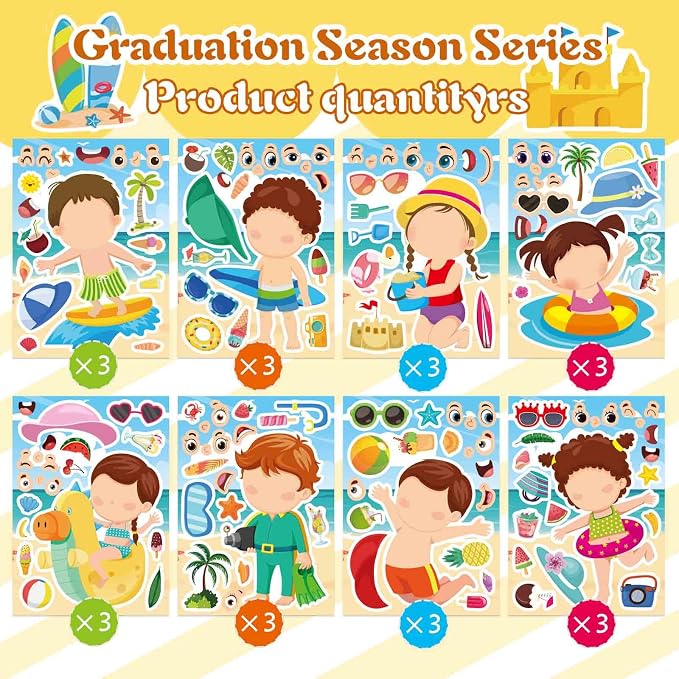 24PCS Summer Stickers for Kids, Make-a-face Stickers, Make Your Own Sticker for Girls Boys, Preschool Holiday Party