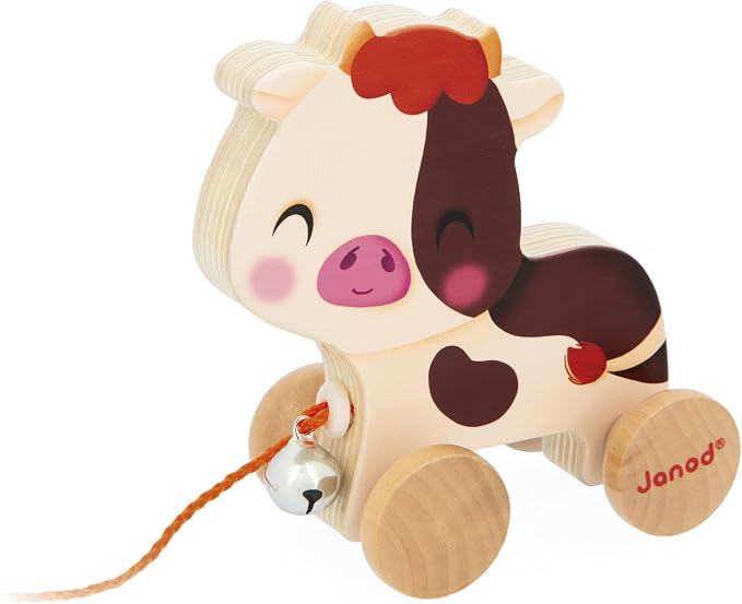 Janod - Wooden Ride-On Cow with Bell - Pull-Along and Push-Along Toy - Motor Skills & Imagination Training - 50cm String Suitable for Small Hands - from 12 Months, J03324
