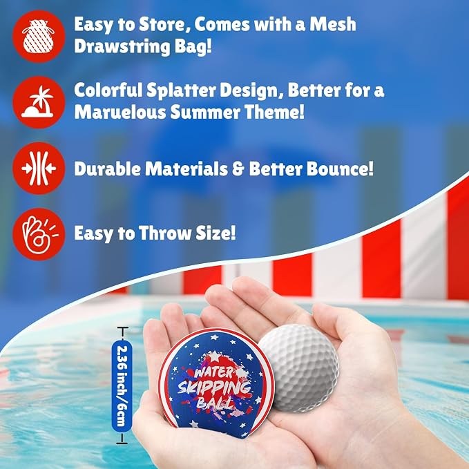 5 Pack Water Bouncing Ball, 4th of July Splash Skip Water Balls for Fly Swimming Pool Games, 5 Pack Colorful Skipping Balls for Kids 4-8-12 and Adult, Summer Toys Gifts Independence Day Water Party
