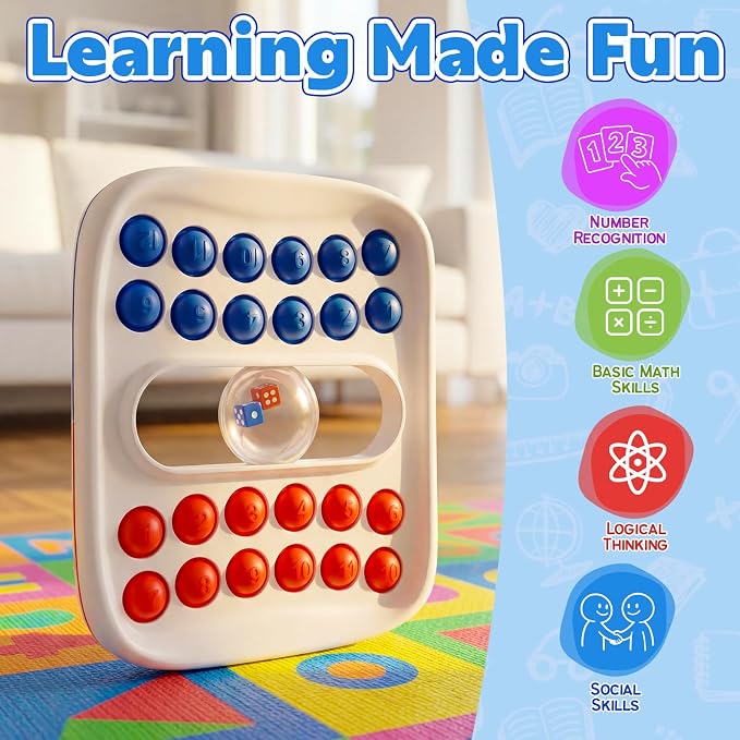 Kiditos Pop Math Game for Kids Ages 4–8, Fidget Math Board Game with Built-in Dice, Addition & Subtraction Learning Toy, Sensory STEM Toy for Classroom, Homeschool & Travel