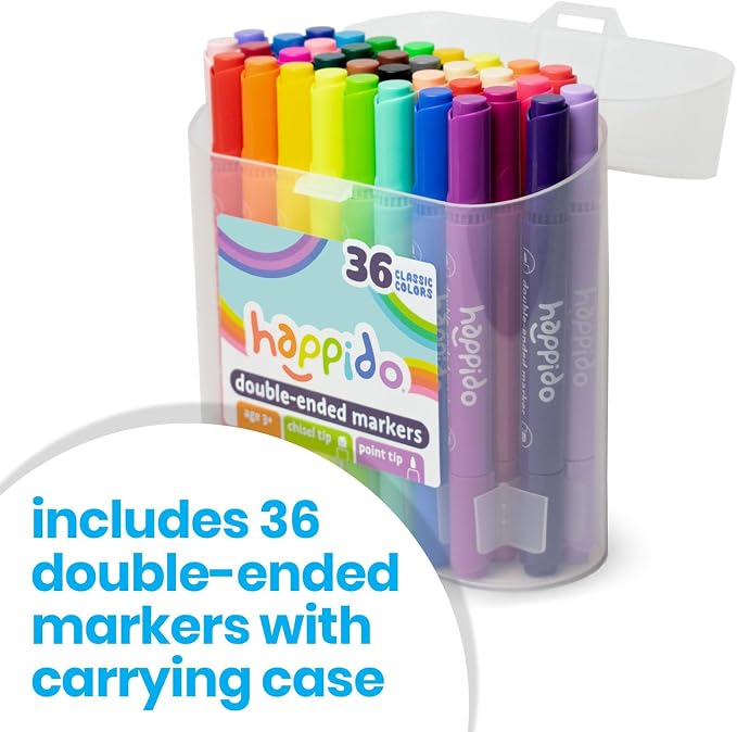 International Arrivals Double Sided Marker Sets for Kids Happido, Set of 36 Water Based Non Toxic Markers with Case, Great School Supplies, Art and Stationery Set