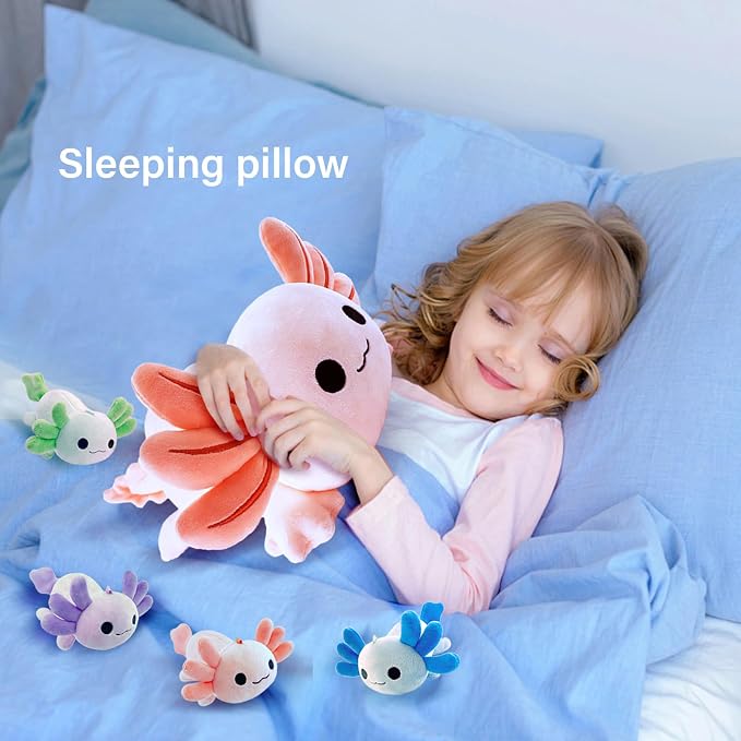 Axolotl Plush，Cute Axolotl Mommy Stuffed Animal with 4 Baby Axolotl Plushies in Tummy，Kawaii Axolotl Plush Toy Gift for Kids Girls Boys