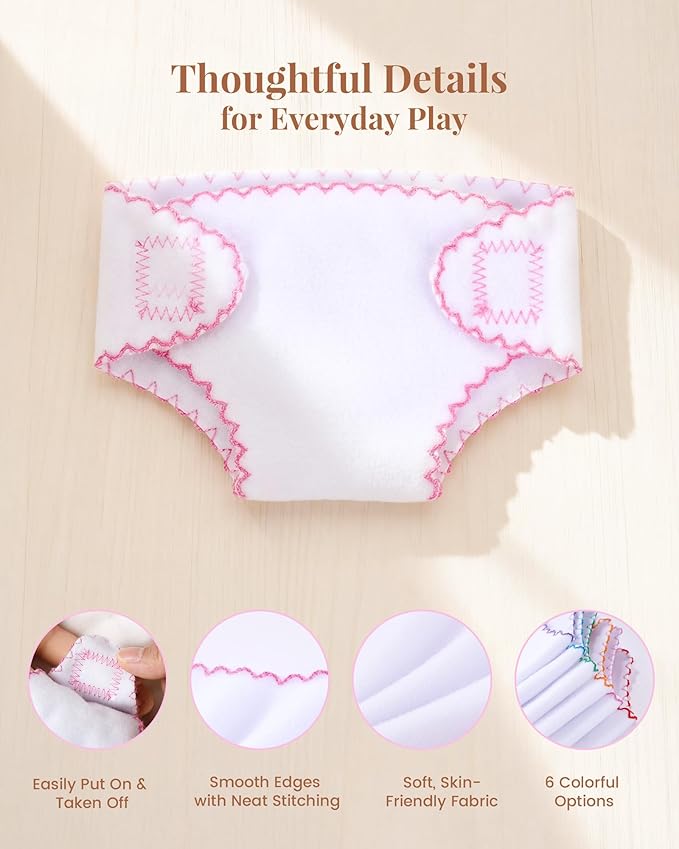 BABESIDE 6 Baby Doll Diapers, Reusable Diaper Accessories for 12-15 Inch Baby Dolls, Pretend Play Set