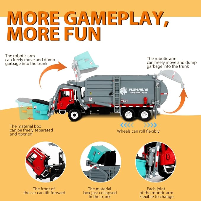 FUBARBAR Truck Toy Model – 1:43 Diecast Metal Garbage Recycling Waste Transport Truck with Trash Bin, Pull Back Model Car Toy for Kids 4-6 Age Boys Birthday Gift (Grey)