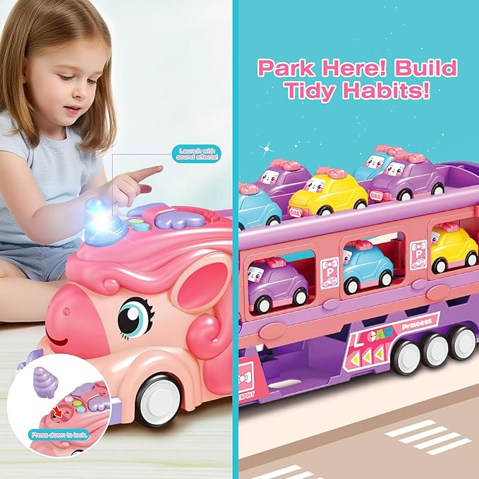 Car Toys for 3 4 5 6 7 Year Old Toddler Girl, Toys Truck & Foldable Race Track Car Toys with Light & Sound, Friction Power Car Toys for Kids Girls Age 3+