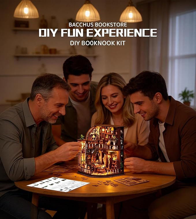 Roroom 3D Puzzles for Adults, Vintage Book Nook Kit with LED Light, Wooden DIY Miniature House Kit for Bookshelf Decor-Creative Crafts for Family and Friends