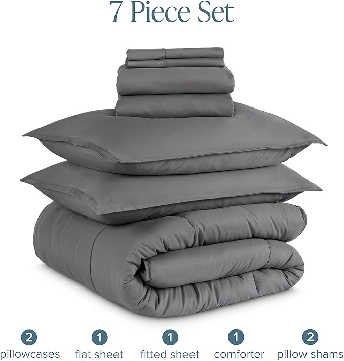 Bare Home Bed-in-A-Bag 7 Piece Comforter & Sheet Set - King - Goose Down Alternative - Ultra-Soft 1800 Premium Bedding Set (King, Grey/Grey)