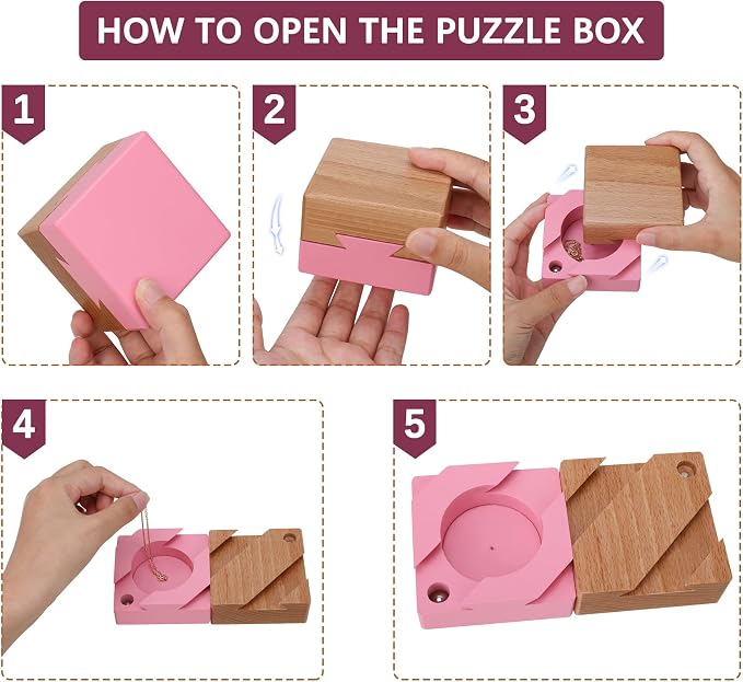 DC-BEAUTIFUL Wooden Magic Box Brain Teaser Box, Pink Secret Gift Box Impossible Puzzle Box for Birthday Valentines
