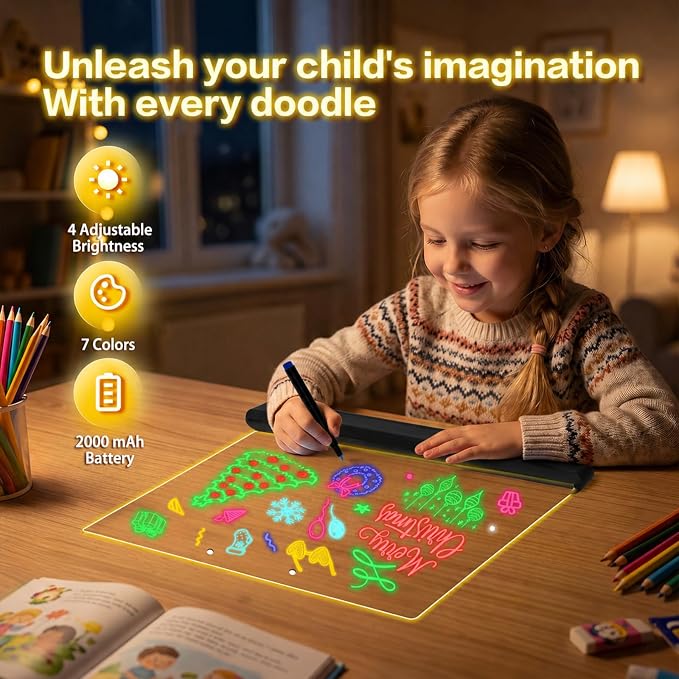 Rechargeable 16" Led Drawing Board for Kids Doodle Glow LED Note Board 7 Colors, 4 Modes, 7 Marks Light Up Pad Art Kit Kids Toy, Birthday Gift for Boys, Girls, Teens (Black)