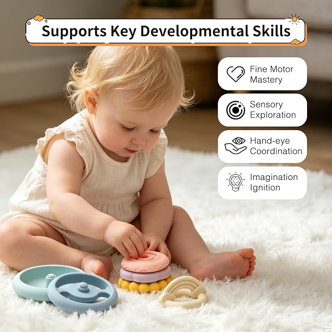 LITTLE RAWR 2-IN-1 Baby Stacking Rings & Teething Toys, Food Grade Silicone Montessori Stacking Toy for Babies 6-12 Months, Sensory Learning & Fine Motor Skills Toy, Baby Gift for Boys Girls (Rainbow)