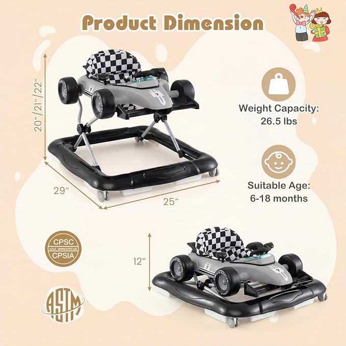 BABY JOY 4-in-1 Baby Walker, Foldable Activity Walker with Push Mode, Adjustable Height, Lights, Anti-Rollover, Baby Walker with Wheels for Boys Girls 6-18 Months (Gray)