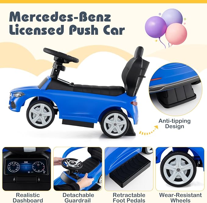 Costzon Push Car for Toddlers, 3 in 1 Mercedes Benz Stroller Sliding Walking Car w/Canopy, Handle, Safety Bar, Horn Sound, Underneath Storage, Foot-to-Floor Ride On Toy for Boys & Girls (Blue)