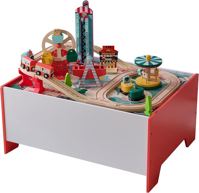 Teamson Kids Wooden Train Table – Carnival-Themed Amusement Park Playset | Ferris Wheel, Carousel & Train Track, Interactive Toy for Toddlers, With Storage, Ages 3+