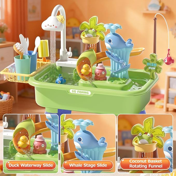 Sand and Water Table Toy for Toddlers, 22 Piece Toy Accessories, 4L Large Capacity Basin, Fishing Game/Kitchen Sink Toys, Perfect Summer Gift for Kids Ages 3-8 (Green)
