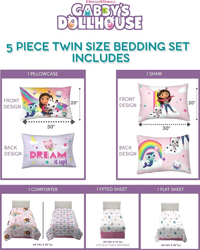 Gabby's Dollhouse Kids Twin Size Bedding, 5 Piece Super Soft Cozy Reversible Comforter and Sheet Set with Sham, (Officially Licensed Product) By Franco
