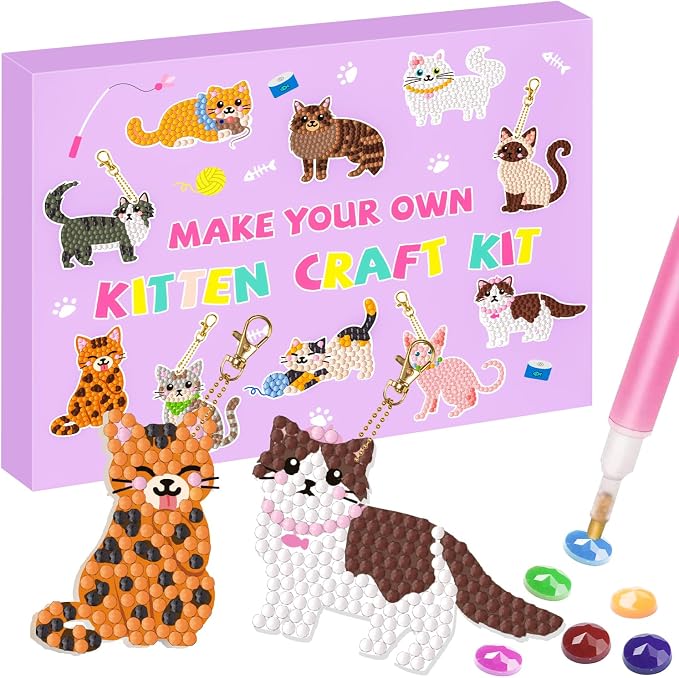 Labeol Arts and Crafts for Kids Ages 8-12 - Creat Your Own GEM Keychains-5D Diamond Art by Numbers GEM Art Kits for Kids Girls Toddler Crafts Age 6-7 6-8 10-12 (Cat)