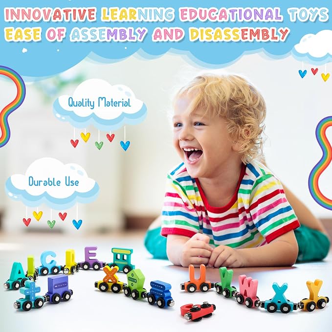 2 Sets/55 Pcs Magnetic Alphabet Number Train Set Montessori Toys for Toddlers Wooden Alphabet Number Preschool Learning Activities Educational Sensory Easter Basket Stuffers Birthday Gifts