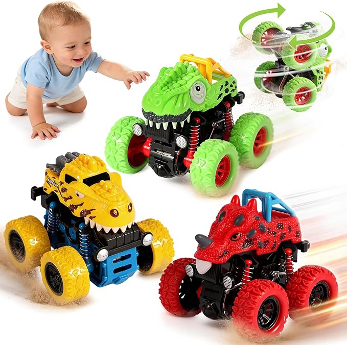 Dinosaur Toys for 2 3 4 5 Year Old Boys - 3 Pack Monster Truck Toys with Friction Power 360° Rotating Push and Go Cars for Toddlers Ages 2-4-6 - Boys Girls Birthday Gifts for Kids 3-5