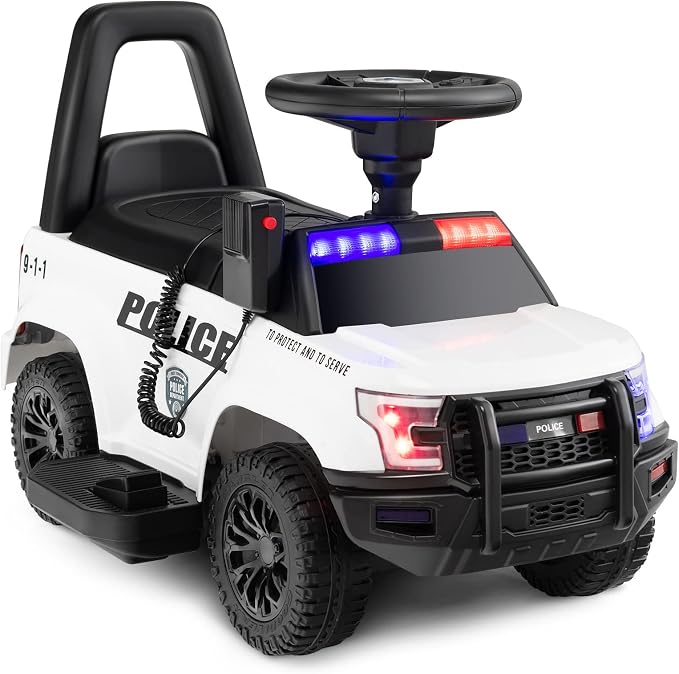 Costzon Police Car Ride On, 6V Battery Powered Electric Kids Ride On with Megaphone, Lights, Siren, Under Seat Storage, Toddler Push Car, Ride On Toys for Toddlers 1-3 Boys Girls (White)