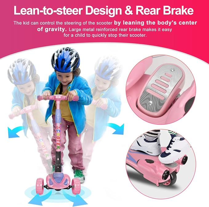 3 Wheel Scooter for Kids, Toddler Scooter with Bluetooth Music Speaker Steam Sprayer LED Lights Aluminum Alloy T-Bar, Folding Kick Scooters for Boys Girls Ages 3-10