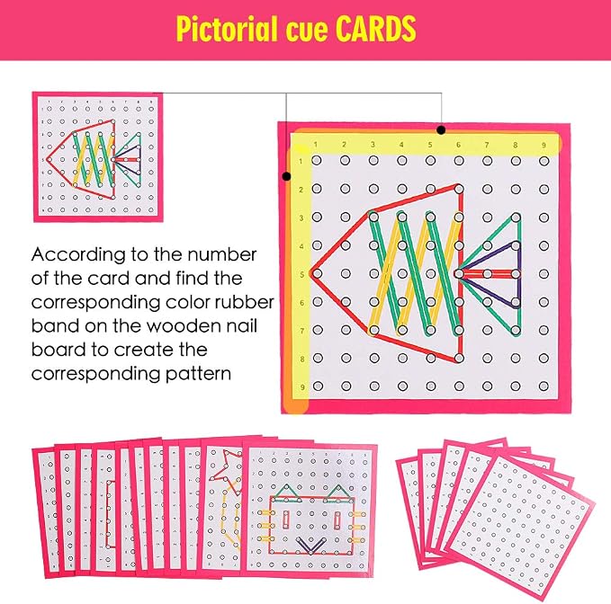 Wooden Geoboard with Pattern Cards & Rubber Bands, Montessori STEM Educational Toy for Kids 3-5 5-8 Years Old, Brain Teaser Puzzle Game for Geometry Learning and Creative Shapes