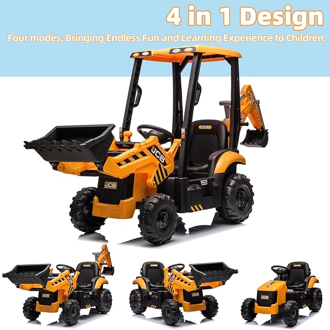12V JCB Ride On Excavator with Remote Control, Kids Ride On Car 3–8, Front Loader & Backhoe Digging Arm, Tractor & Bulldozer Modes, Slow Start, Adjustable Speeds, Engine Start Sound (Yellow)