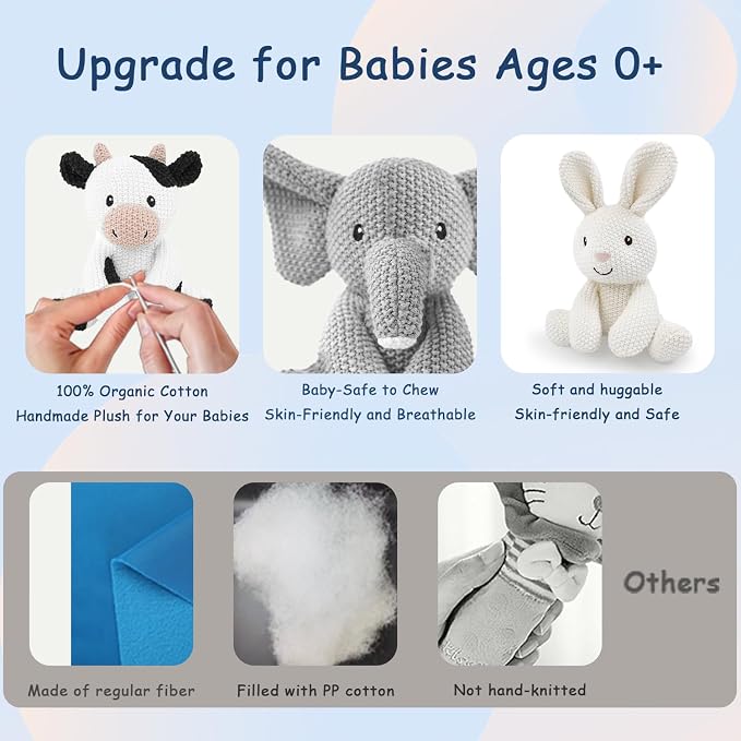 3Pcs Kids Stuffed Animals Toys 7-8" Knitted Crochet Bunny Plush Cute Elephant Cuddly Cow Cotton Animal Plush Toy Set Gift for Girls Boys and Babies, Christmas, Easter