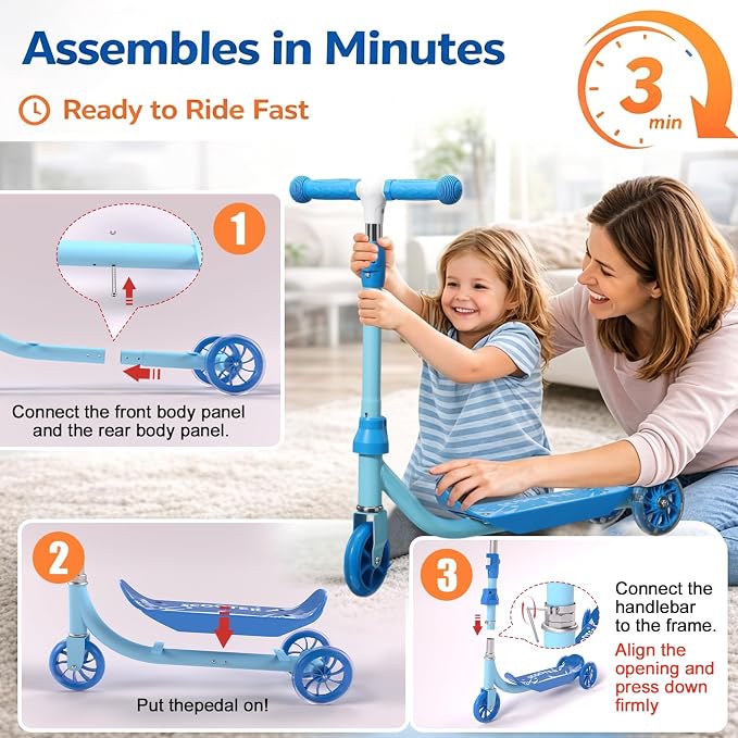Kids Scooter Ages 3-7 - Three Wheel Preschool Toddler Kick Scooters,Safer Steering,Light Up Wheels, Adjustable Handlebar, Wide Anti-Slip Deck, Birthday for Boys Girls - Blue