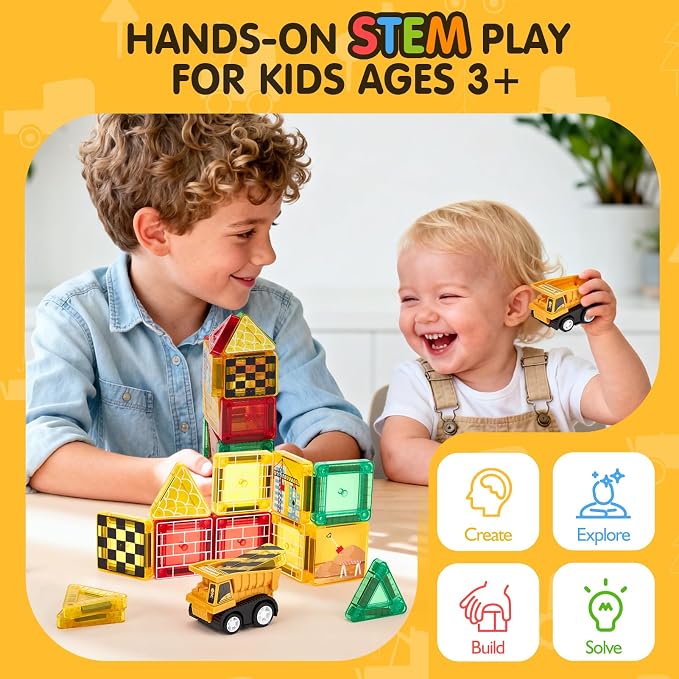 hahaland Mini Magnetic Tiles Travel Road Construction Toys Magnetic Building Blocks with Engineering Vehicles Trucks Case 2-in-1 Road-Themed Box Montessori Birthday for 3-6 Year Old Toddler