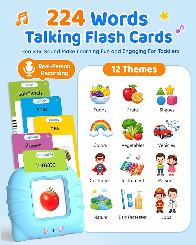 Aullsaty Talking Flash Cards for Toddlers Ages 1-3, 224 Words Montessori Speech Therapy Toys, Autism Sensory Toy, Educational Learning Speech Therapy Birthday Gifts for Boys Girls (Blue)
