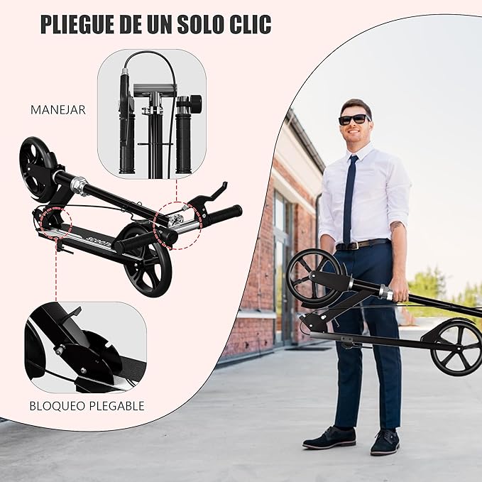 Non-Electric Scooters for Kids 8-12, Teens & Adults - Foldable Commuter Scooter with 8" Wheels, Bell, Hand Brake & Adjustable Height 30"-40.5", 220LB Capacity, Manual Push Scooter for Campus & Park