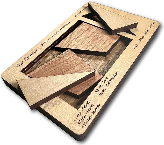 Creative Crafthouse Cruiser Stewart Coffin 4 Piece Wood Packing Puzzle | Design number 167, built in our Florida workshop. A deceptively tough fit that makes a fine desk gift for serious solvers