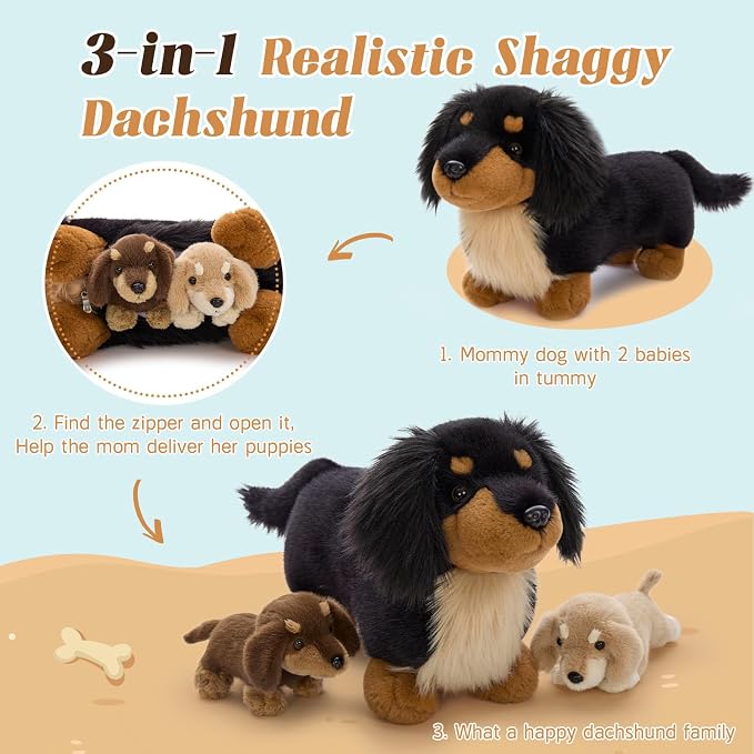 MorisMos Dachshund Stuffed Animal Plush Toys, 20'' Realistic Long Haired Dachshund Toys Gift for Kid Toddler Women, Mama Puppy Surprise with Baby Dog Stuffed Animals,Cuddle Black Weiner Dog Pillow