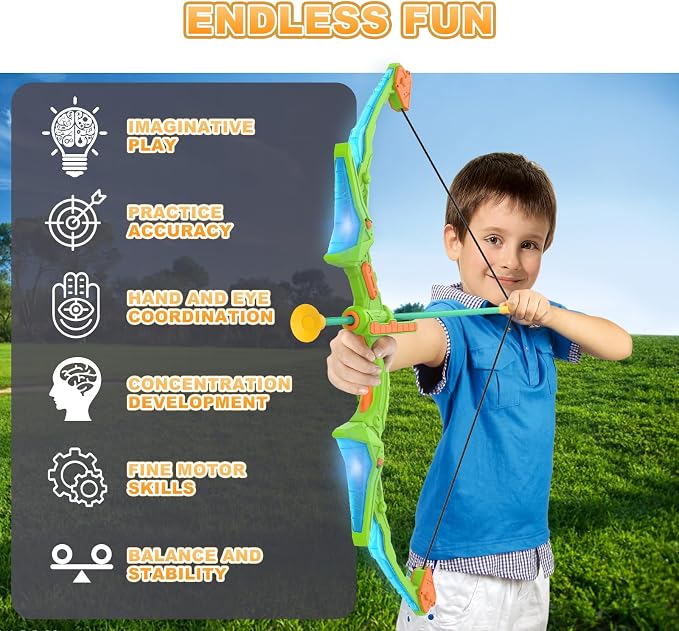 Kmuxilal 2 Pack Kids Bow and Arrow Set with LED Flash Lights, 14 Suction Cup Arrows and Standing Target-Perfect Indoor and Outdoor Archery Set Toy Gift for Boys and Girls Ages 4-12