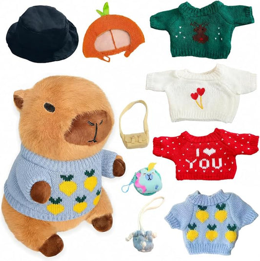 10 Pcs Capybara Plush Toy Set | Cute Capybara Stuffed Animal, 9 Clothes and Accessories, Dress Up Soft Plush Doll, Ideal Gift for Kids