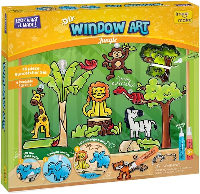 Imagimake Window Art Jungle | Low Mess Suncatcher Kit | 16 Pieces Glass Painting Set | Kids Activities Ages 5-8 | DIY Craft Kit | Birthday Gift for Boys & Girls Ages 5,6,7,8,9,10,12 Years Old