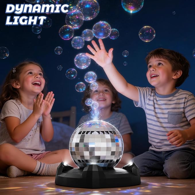 Bubble Machine, Automatic Bubble Blower Maker with 360° Rotating Turntable and LED Lights, Disco Ball Bubble Machine Summer Kids Toys for Weddings Birthdays Party Indoor Outdoor Backyard Camping