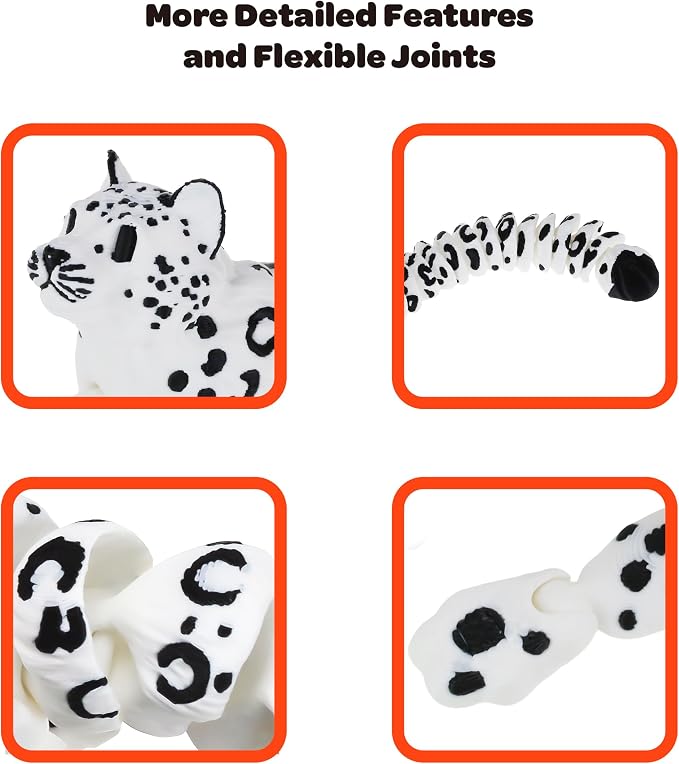 Born to Print Articulated 3D Printed Animal Fidget Toy – Flexible Moving Desk Toy for Kids & Adults | Sensory Stress Relief Toy | Realistic Collectible Animal Figure (Snow Leopard)