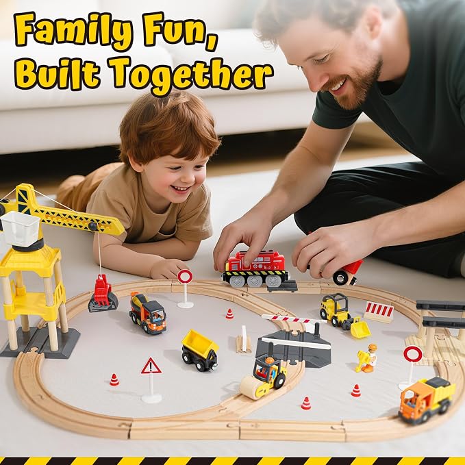 Lehoo Castle 68PCS Wooden Train Set - Toy Train Set for Toddlers 2-4, Wooden Train Track for Kids w/Crane, Railway Playset for 3 Year Old Boys Girls Birthday Gift