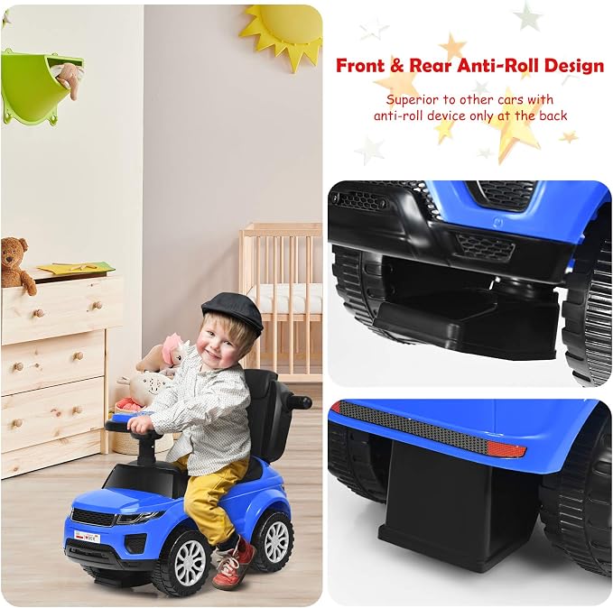 Costzon 3 in 1 Ride on Push Car, Stroller Sliding Walking Car with Horn, Music, Light, Under Seat Storage, Parental Handle, Armrest Guardrails, Ride on Toy for Boys & Girls (Blue)