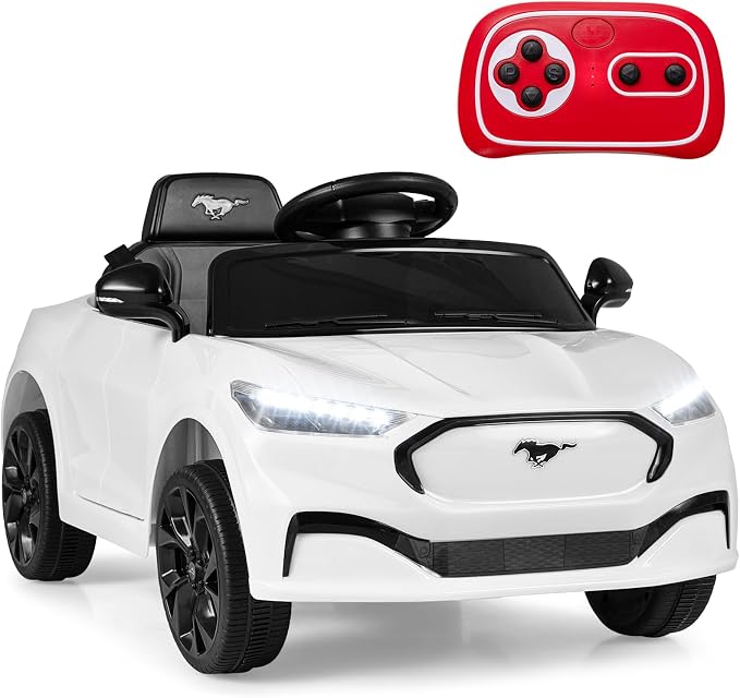 Costzon Ride on Car, 12V Licensed Ford Mach E Kids Electric Vehicle with Parent Control, LED Lights, Horn, Music, Wireless Connection & Spring Suspension, Kids Car Toy for Girls Boys (White)