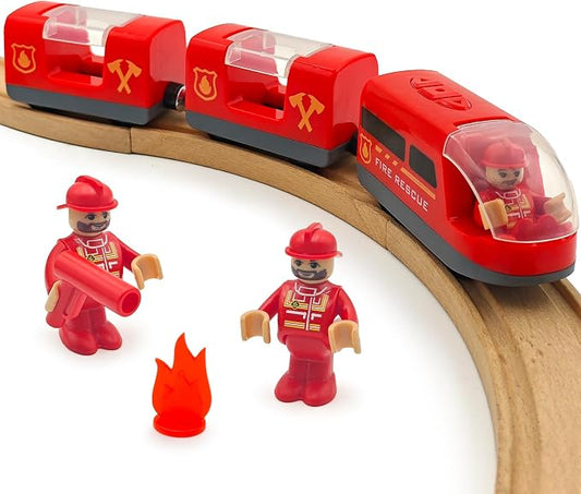 Battery Operated Rescue Fire Fighting Truck for Wooden Train Tracks with Figures Kids Magnetic Wooden Trains Set for Toddlers Boys 3-5 4-8 (Without Battery and Tracks)